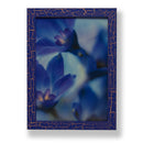 Framed close-up photograph of delphinium volk flowers. Framed with a one of a kind hand painted picture frame.