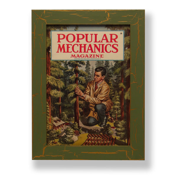 Framed original 1946 Popular Mechanics magazine cover highlighting forest management. Framed with a one of a kind hand painted picture frame.