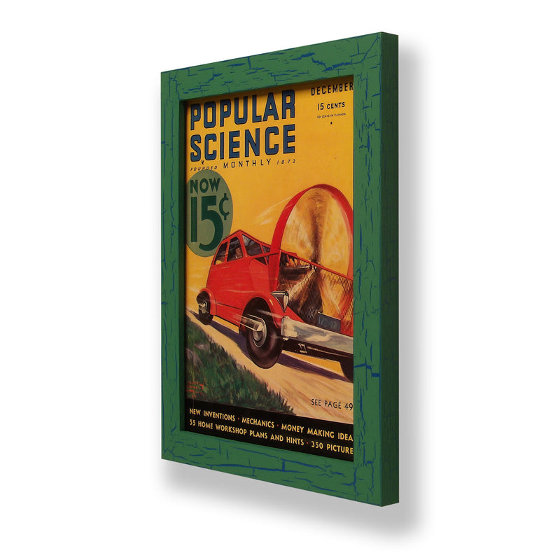 Framed original 1932 Popular Science magazine cover of a futuristic fan car. Framed with a one of a kind hand painted picture frame.