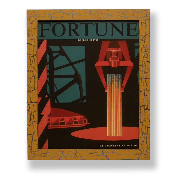 Framed original 1948 Fortune magazine cover with abstract steel mill. Framed with a one of a kind hand painted picture frame.