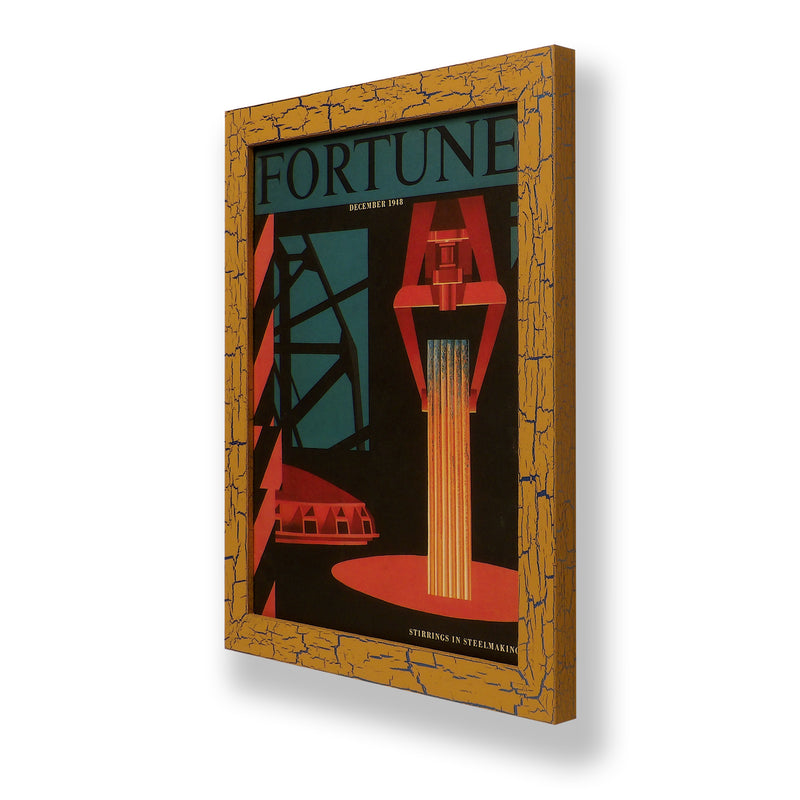 Framed original 1948 Fortune magazine cover with abstract steel mill. Framed with a one of a kind hand painted picture frame.