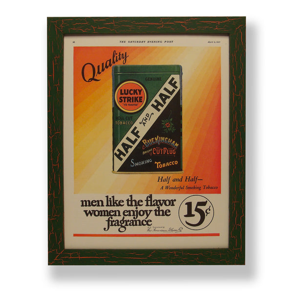 Framed original 1927 magazine ad for Lucky Strike Tobacco. Framed with a one of a kind hand painted picture frame.