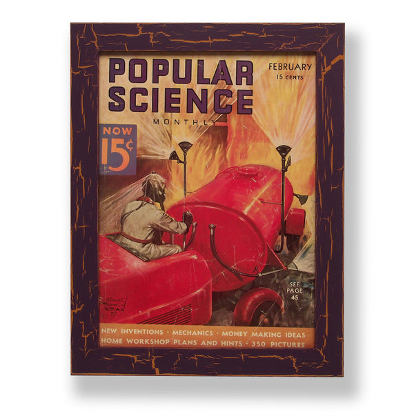 Framed original 1937 Popular Science magazine cover of a futuristic fire engine. Framed with a one of a kind hand painted picture frame.