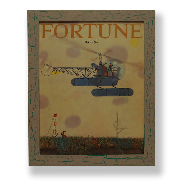 Framed original 1951 Fortune magazine cover with flying helicopter. Framed with a one of a kind hand painted picture frame.