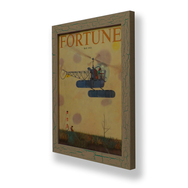 Framed original 1951 Fortune magazine cover with flying helicopter. Framed with a one of a kind hand painted picture frame.