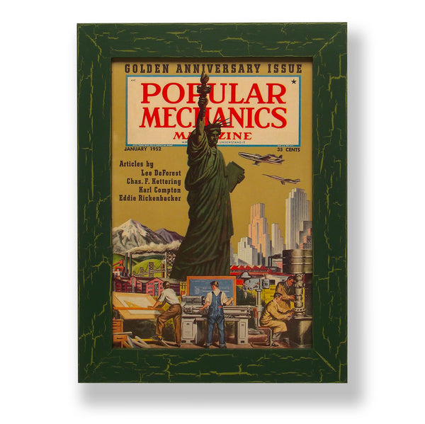 Framed original 1952 Popular Mechanics magazine cover with the Statue of Liberty. Framed with a one of a kind hand painted picture frame.