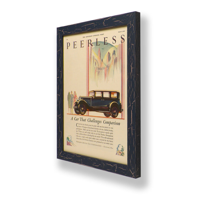 Framed original 1929 magazine ad for a Peerless car. Framed with a one of a kind hand painted picture frame.