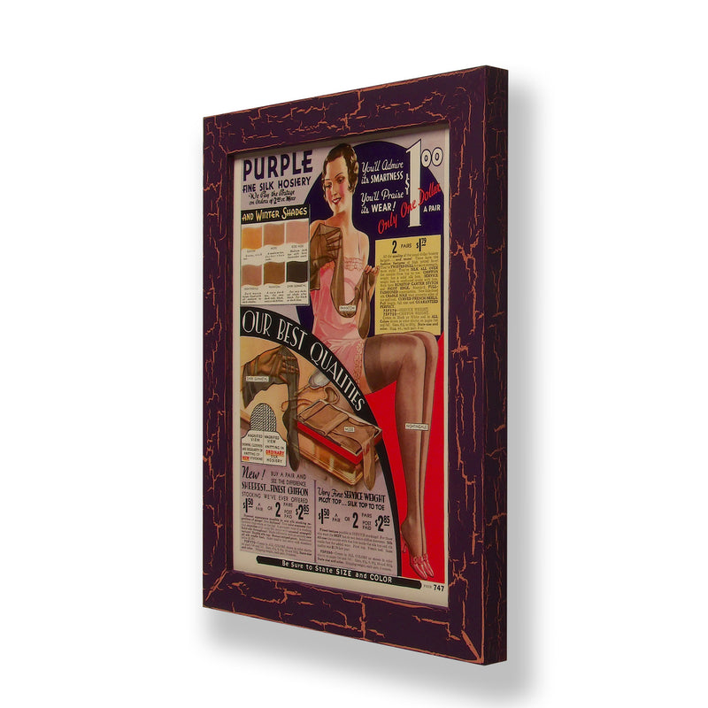 Framed original 1931 magazine ad for fine silk hosiery. Framed with a one of a kind hand painted picture frame.