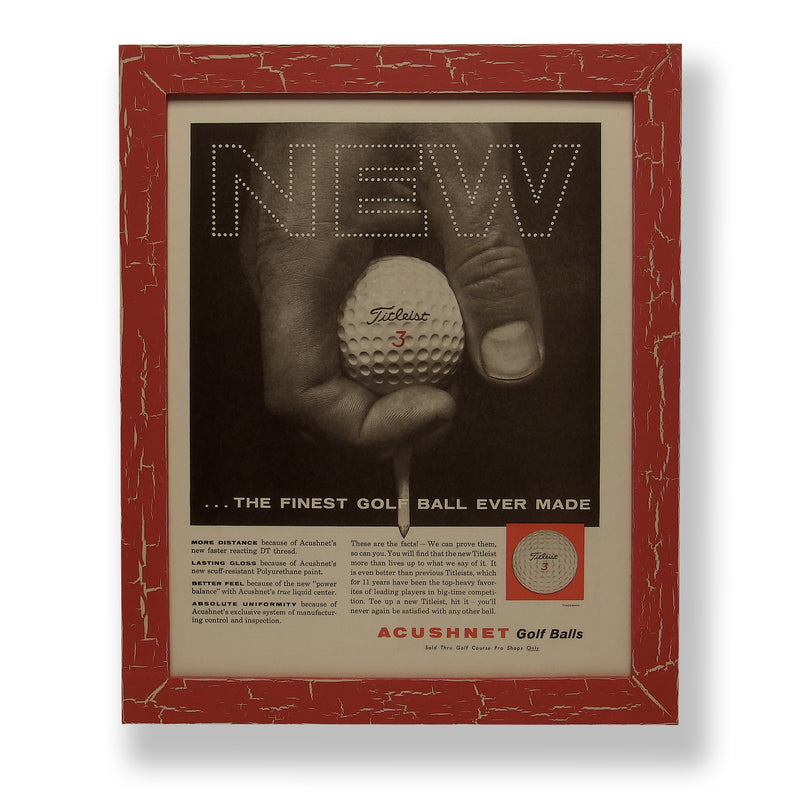 Framed original 1960 magazine ad for Acushnet golf balls. Framed with a one of a kind hand painted picture frame.