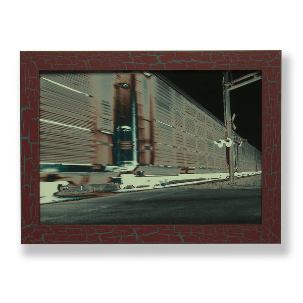 Framed photograph of an abstract train. Framed with a one of a kind hand painted picture frame.