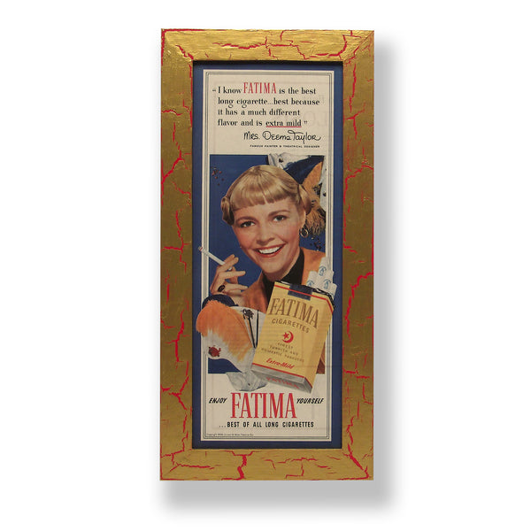 Framed original 1950 magazine ad for Fatima cigarettes. Framed with a one of a kind hand painted picture frame.