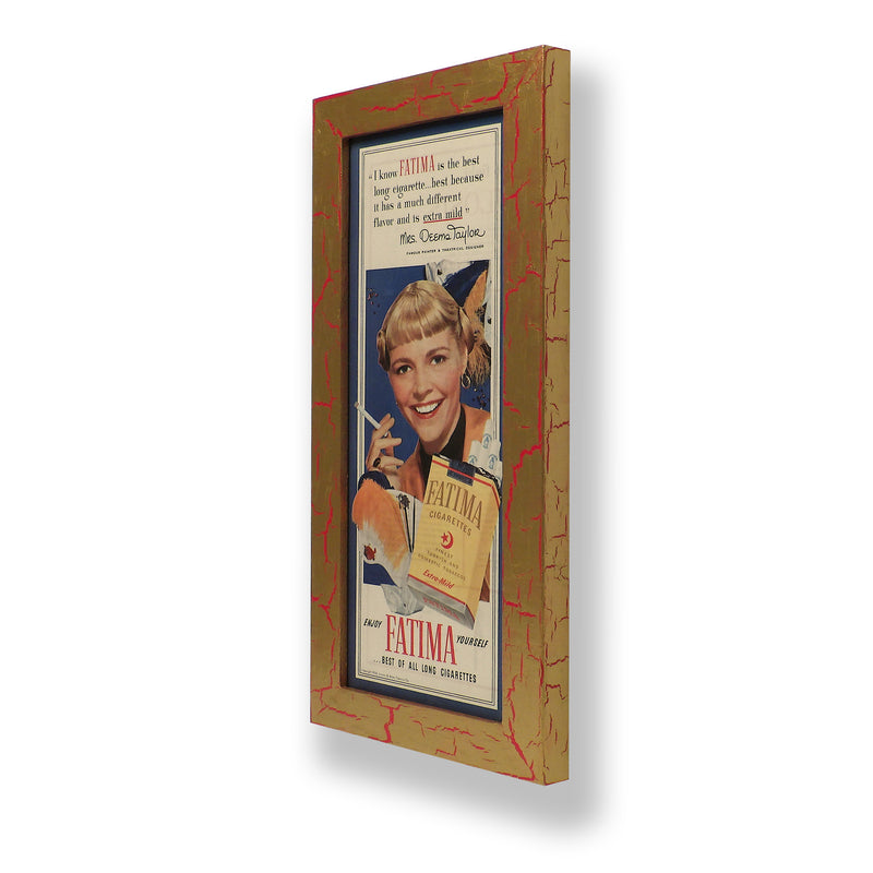 Framed original 1950 magazine ad for Fatima cigarettes. Framed with a one of a kind hand painted picture frame.