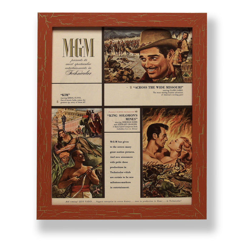 Framed original 1950 magazine ad for MGM Studios movies. Framed with a one of a kind hand painted picture frame.