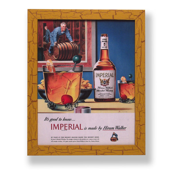 Framed original 1948 magazine ad for Imperial Whiskey. Framed with a one of a kind hand painted picture frame.