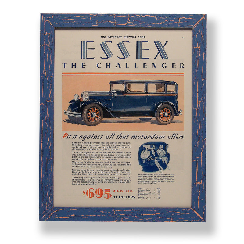 Framed original 1929 magazine ad for a 1929 Hudson Essex Challenger car. Framed with a one of a kind hand painted picture frame.