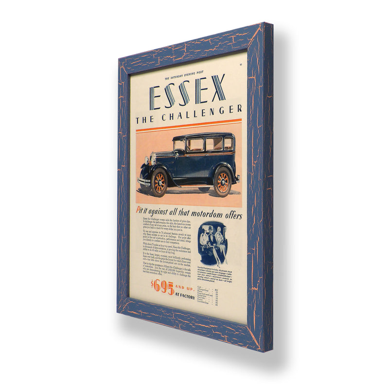 Framed original 1929 magazine ad for a 1929 Hudson Essex Challenger car. Framed with a one of a kind hand painted picture frame.