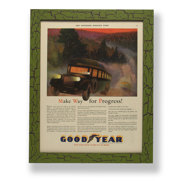 Framed original 1929 magazine ad for Goodyear tires. Framed with a one of a kind hand painted picture frame.