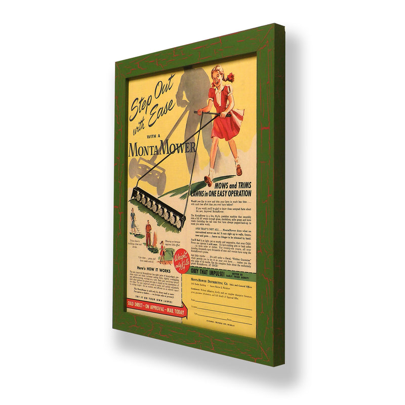 Framed original 1948 magazine ad for a MontaMower lawn mower. Framed with a one of a kind hand painted picture frame.