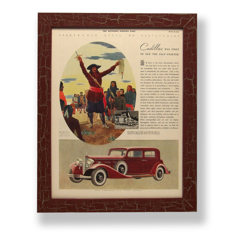 Framed original 1933 magazine ad for a Cadillac car. Framed with a one of a kind hand painted picture frame.