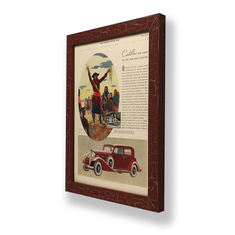 Framed original 1933 magazine ad for a Cadillac car. Framed with a one of a kind hand painted picture frame.