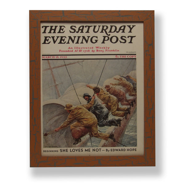 Framed original 1933 Saturday Evening Post magazine cover of a sailing ship. Framed with a one of a kind hand painted picture frame.