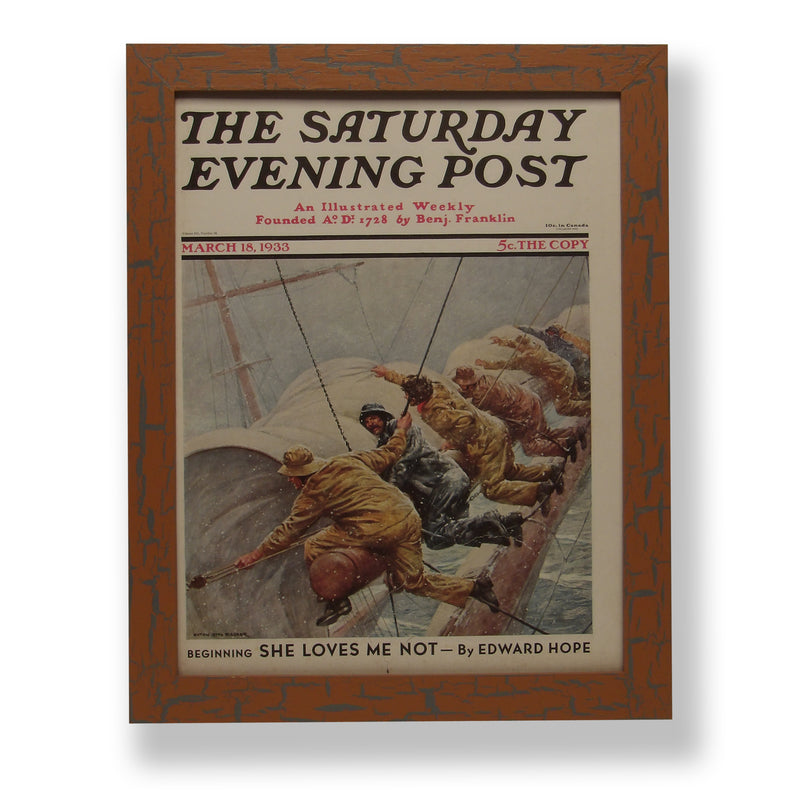 Framed original 1933 Saturday Evening Post magazine cover of a sailing ship. Framed with a one of a kind hand painted picture frame.