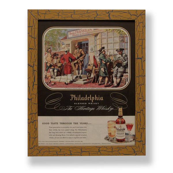 Framed original 1950 magazine ad for Philadelphia Whiskey. Framed with a one of a kind hand painted picture frame.