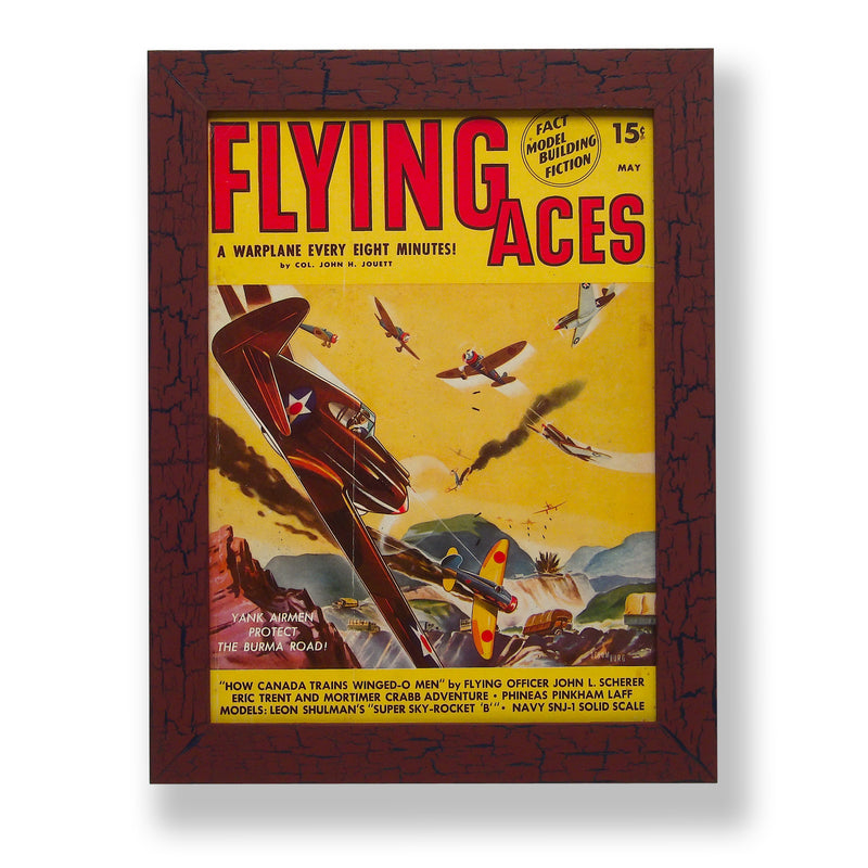 Framed original 1942 Flying Aces magazine cover with an ongoing aerial dogfight. Framed with a one of a kind hand painted picture frame.