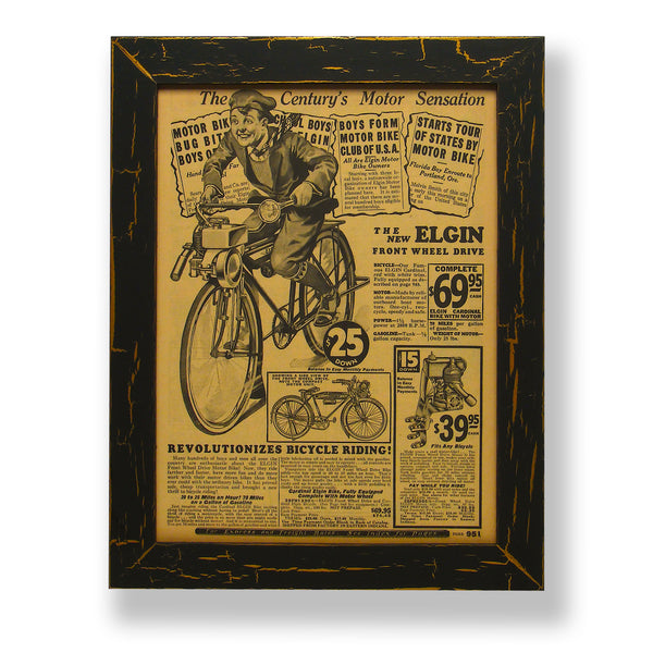 Framed original 1931-1932 Sears & Roebuck catalog ad for a motorized bicycle. Framed with a one of a kind hand painted picture frame.