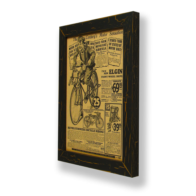 Framed original 1931-1932 Sears & Roebuck catalog ad for a motorized bicycle. Framed with a one of a kind hand painted picture frame.