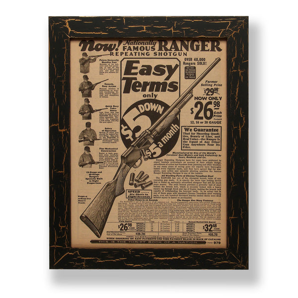 Framed original 1931-1932 Sears & Roebuck catalog ad for a Ranger shotgun. Framed with a one of a kind hand painted picture frame.