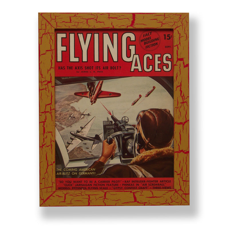 Framed original 1942 Flying Aces magazine cover with an ongoing aerial dogfight. Framed with a one of a kind hand painted picture frame.