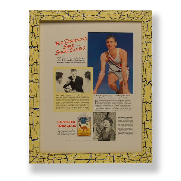 Framed original 1937 magazine ad for Camel Cigarettes. Framed with a one of a kind hand painted picture frame.