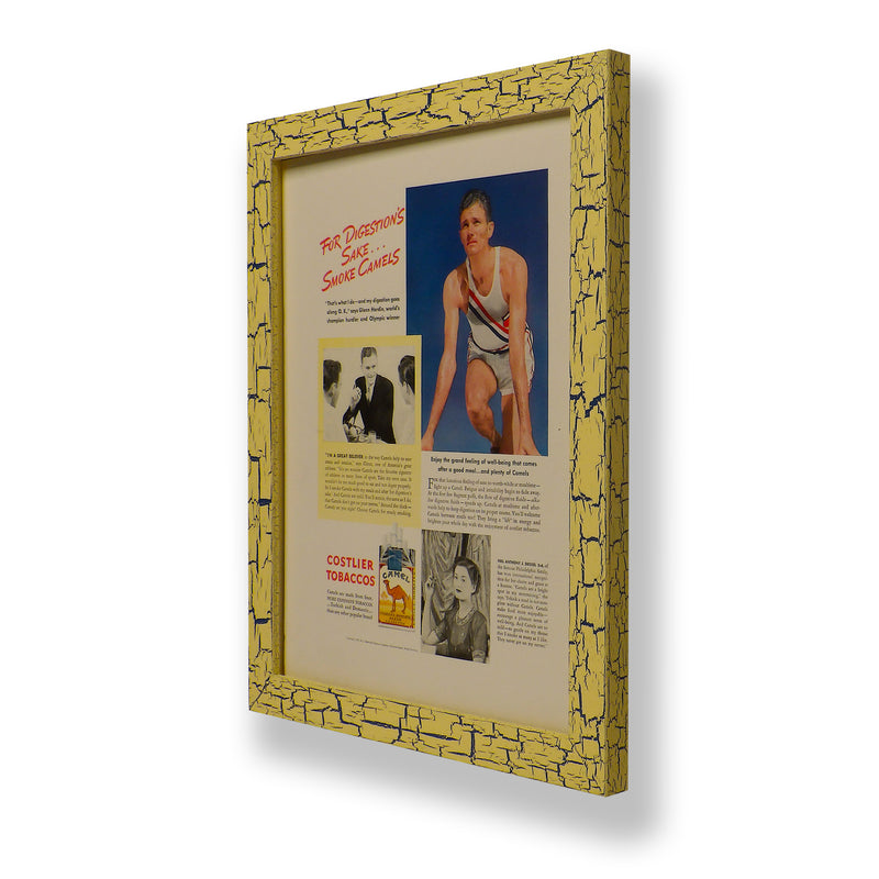 Framed original 1937 magazine ad for Camel Cigarettes. Framed with a one of a kind hand painted picture frame.