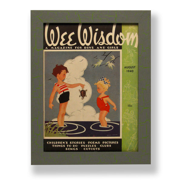 Framed original 1940 Wee Wisdom magazine cover with children and a turtle. Framed with a one of a kind hand painted picture frame.