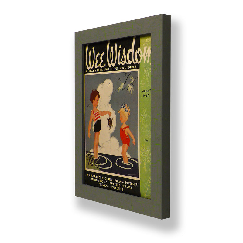 Framed original 1940 Wee Wisdom magazine cover with children and a turtle. Framed with a one of a kind hand painted picture frame.