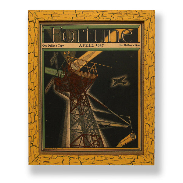 Framed original 1937 Fortune magazine cover of an aviation spotlight tower at night. Framed with a one of a kind hand painted picture frame.