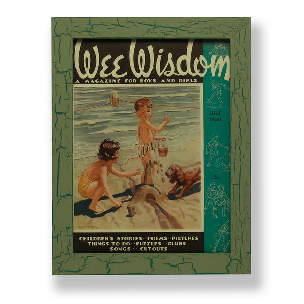 Framed original 1940 Wee Wisdom magazine cover with children building a sand castle. Framed with a one of a kind hand painted picture frame.