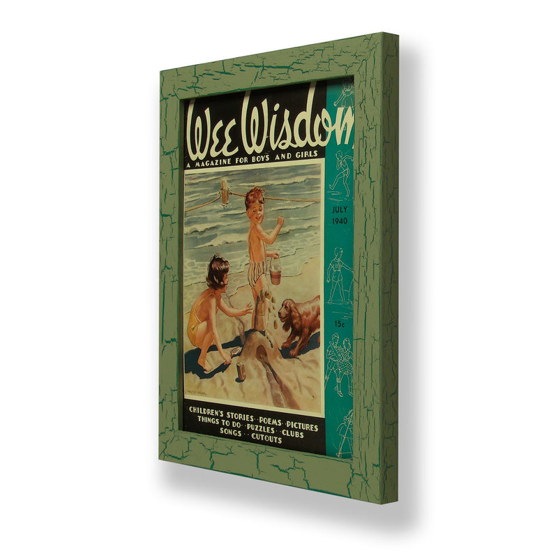 Framed original 1940 Wee Wisdom magazine cover with children building a sand castle. Framed with a one of a kind hand painted picture frame.