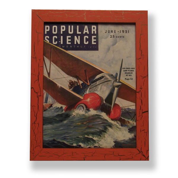 Framed original 1931 Popular Science magazine cover of a water plane. Framed with a one of a kind hand painted picture frame.