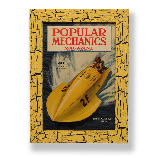 Framed original 1946 Popular Mechanics magazine cover with a speed boat on the water. Framed with a one of a kind hand painted picture frame.