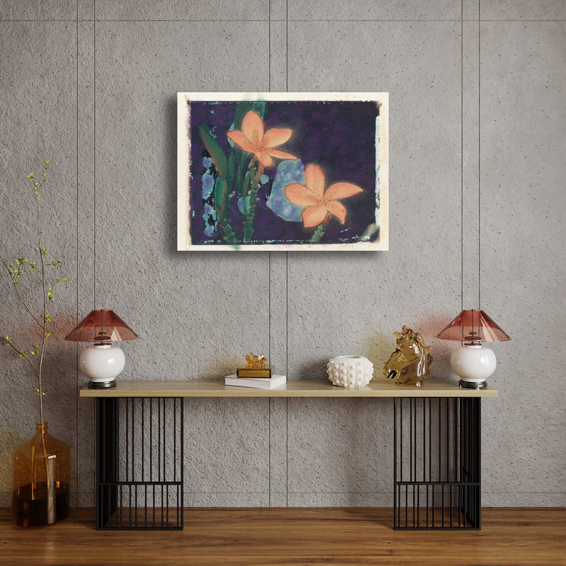 Canvas Art Print - A close-up photograph of a hand colored Polaroid transfer of plumeria flowers.