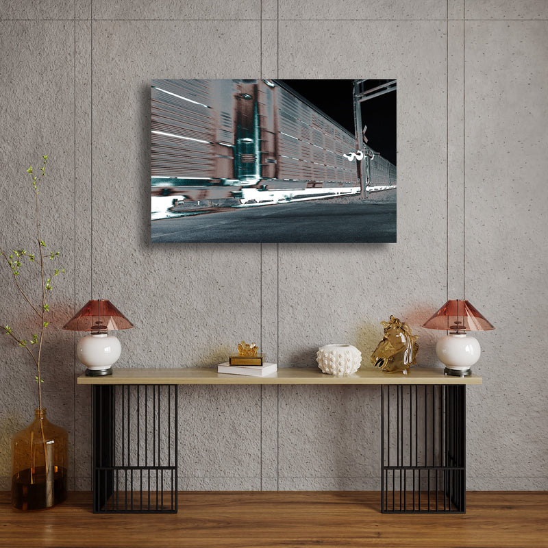 Metal Art Print - A blurred motion abstract photograph of a train at a railroad crossing.