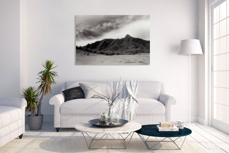 Art Print - An Infrared black & white photograph of the Flatirons rock formation.