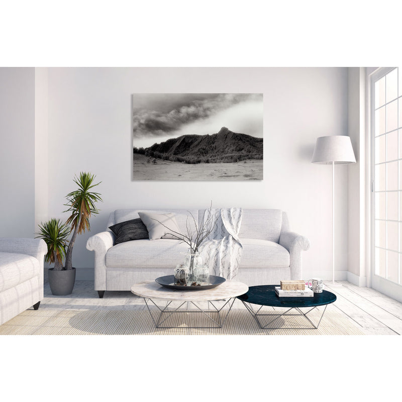 Canvas Art Print - An Infrared black & white photograph of the Flatirons rock formation.