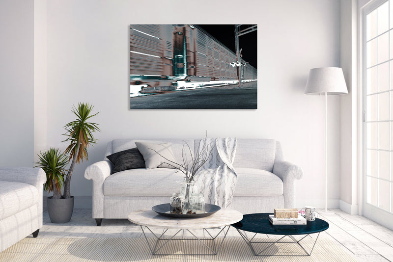 Metal Art Print - A blurred motion abstract photograph of a train at a railroad crossing.