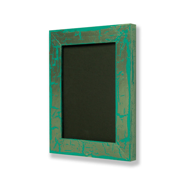 5” x 7” picture frame. One of a kind picture frame with hand painted crackle finish. Aqua & Silver Metallic.